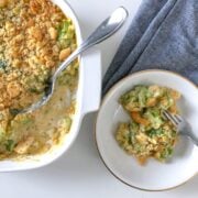 Broccoli Casserole Made without Velvetta scooped out onto a plate