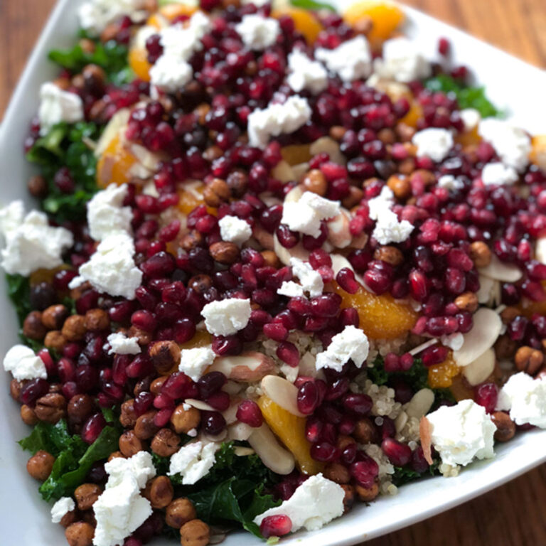 Super Bowl Sunday food - Winter Quinoa and Kale Salad in white bowl