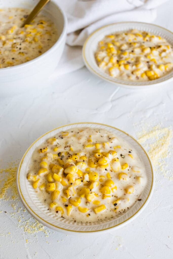 3 white bowls of Southern Style Cream Corn