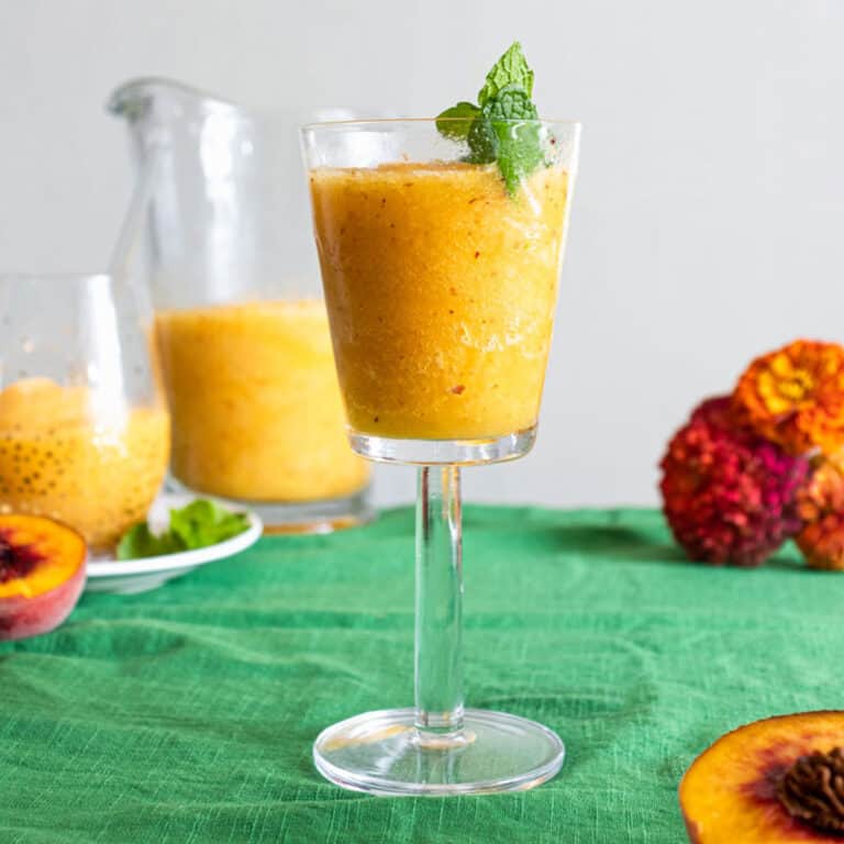 peach frose on a green table cloth