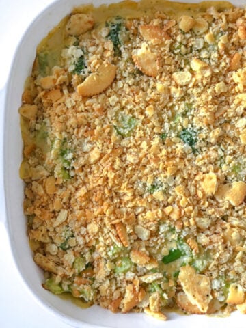 Broccoli Casserole Made without Velveeta on a white table