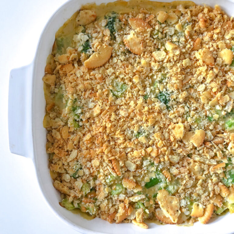 Broccoli Casserole Made without Velveeta on a white table