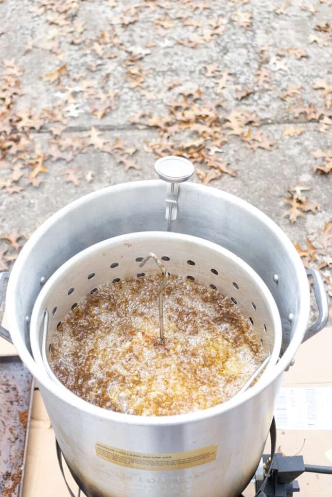 turkey in the frying pot outside