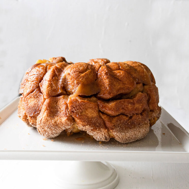 easy homemade monket bread on a cake stand