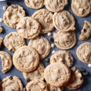 no chill chocolate chip cookies on a dark background all together