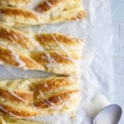 easy cream cheese danish sliced on parchment paper
