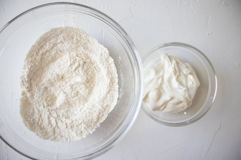 flour and greek yogurt in a bowl.