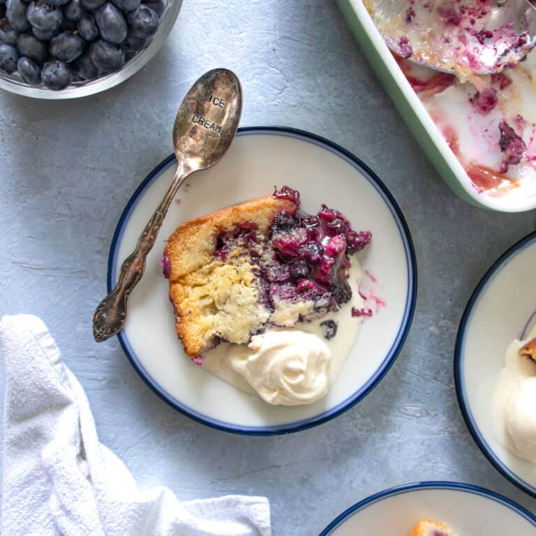 a plate of Southern Blueberry Cobbler with a scoop of ice cream and some blueberries next to it.