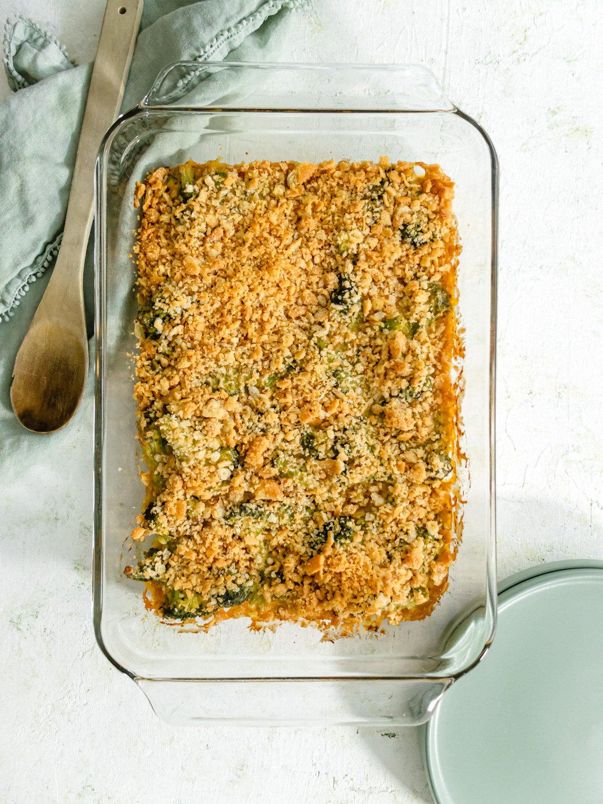 broccoli casserole in a baking pan on a table.