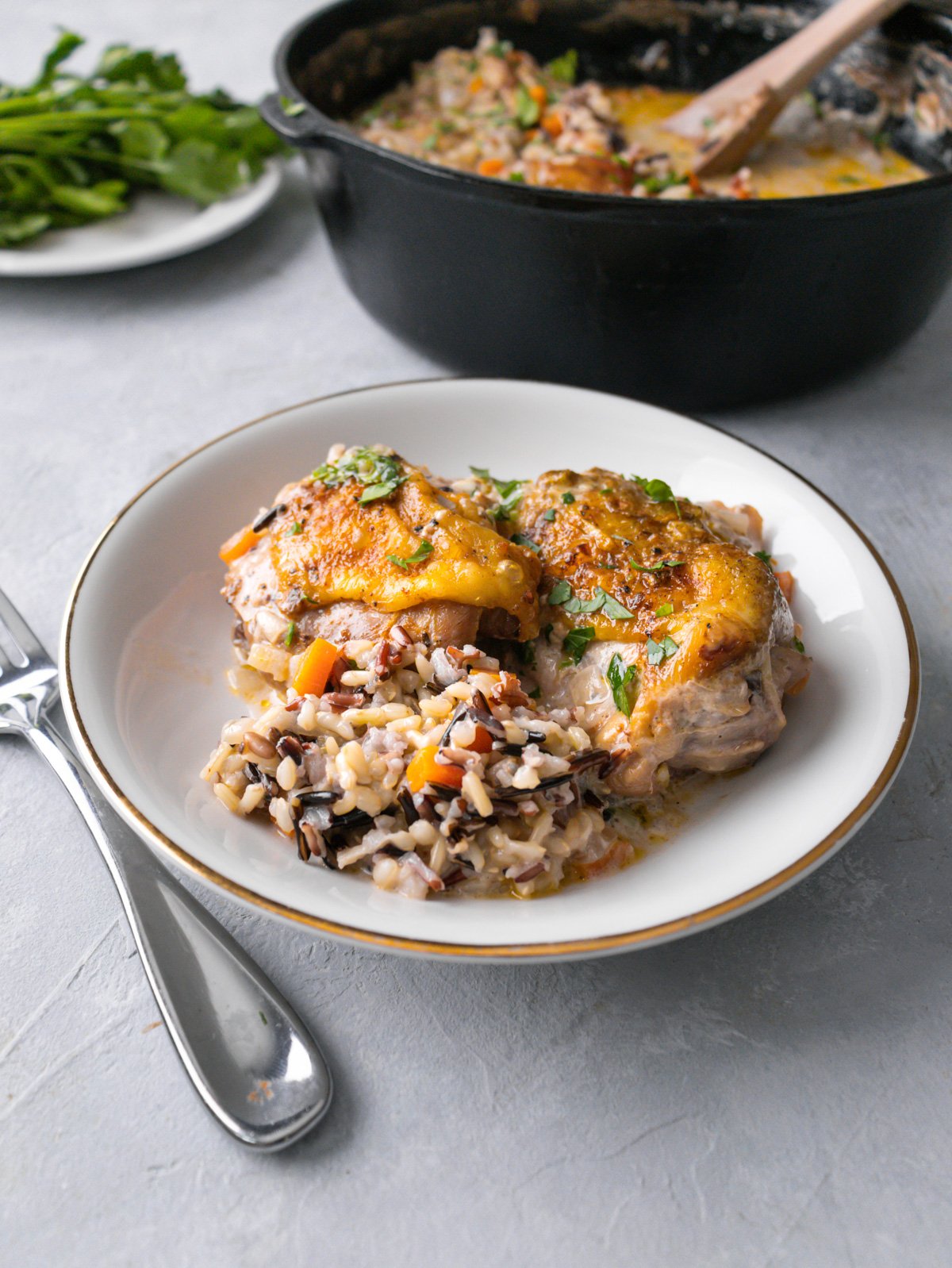 chicken thighs and wild rice in a small bowl with a cast iron skillet  in the background. 
