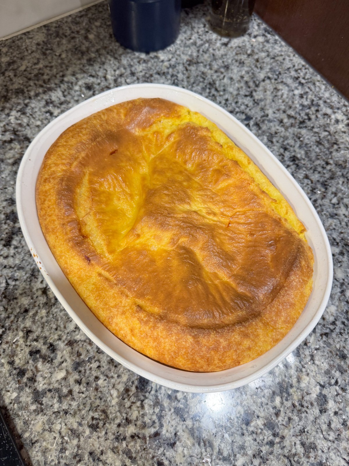 Spoon bread right after it has come out of the oven. 