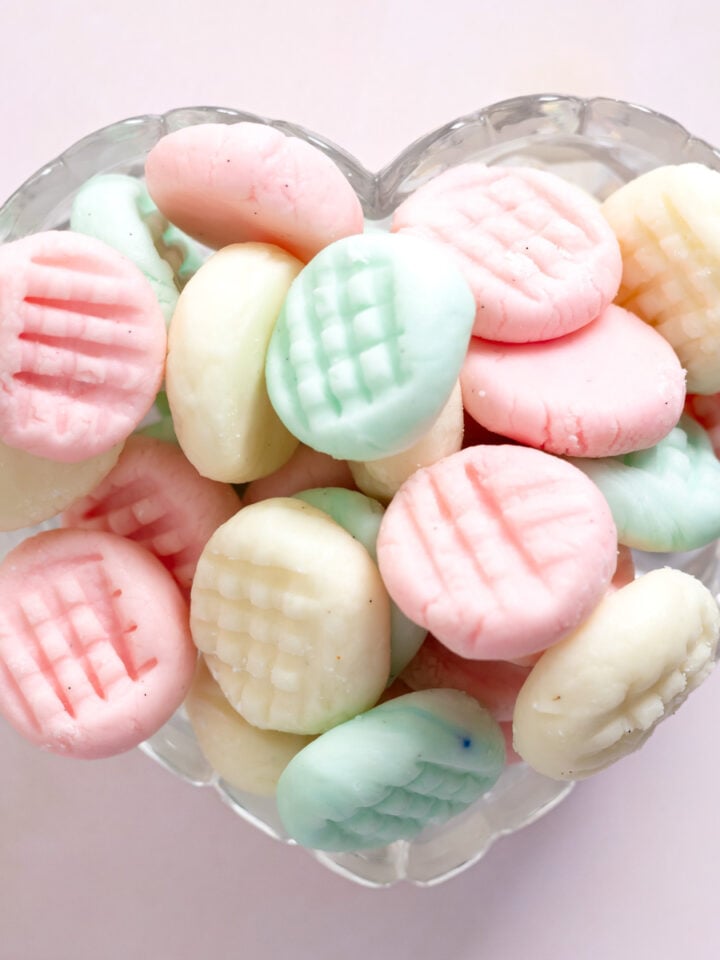 a candy dish of cream cheese mints