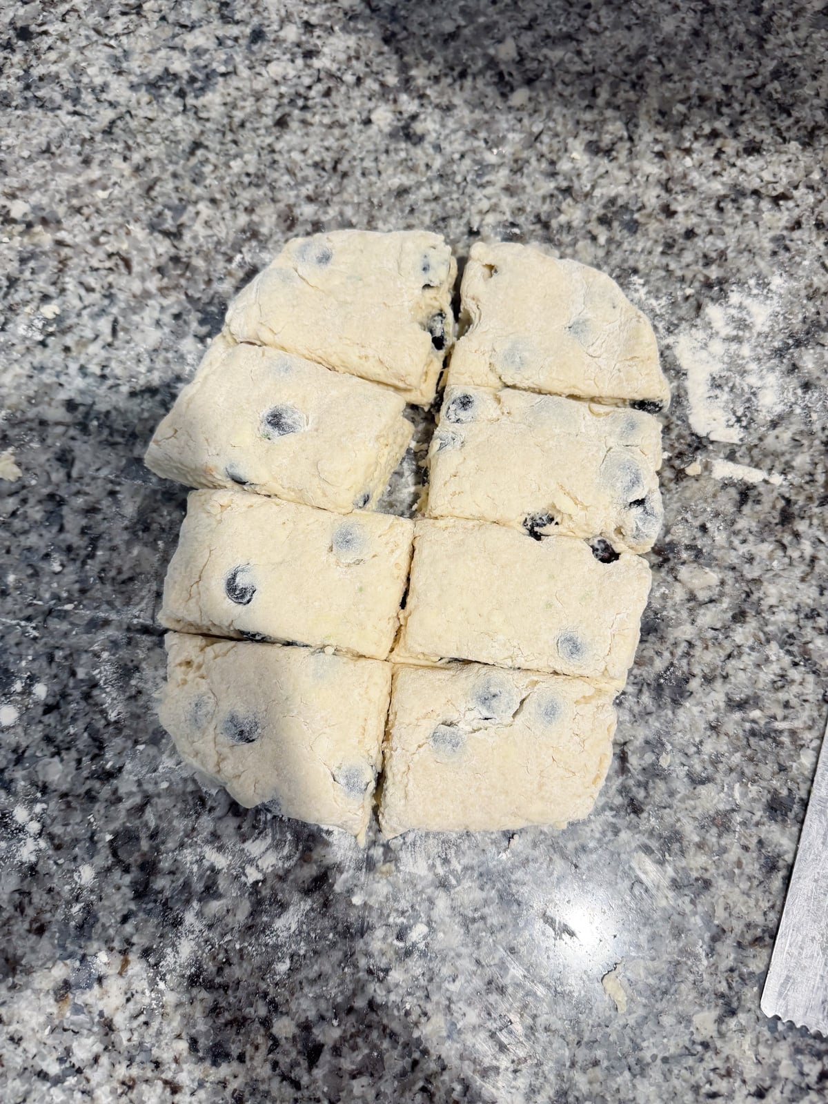 blueberry buttermilk biscuits cut into 8 equal rectangles.