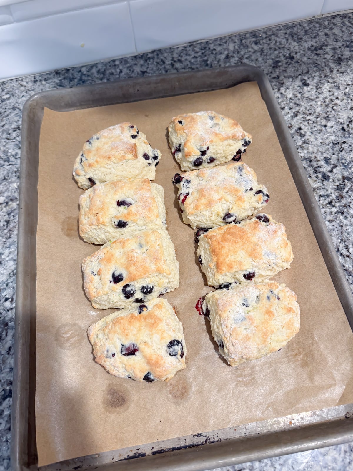 blueberry buttermilk biscuits fresh out of the oven on a baking sheet.