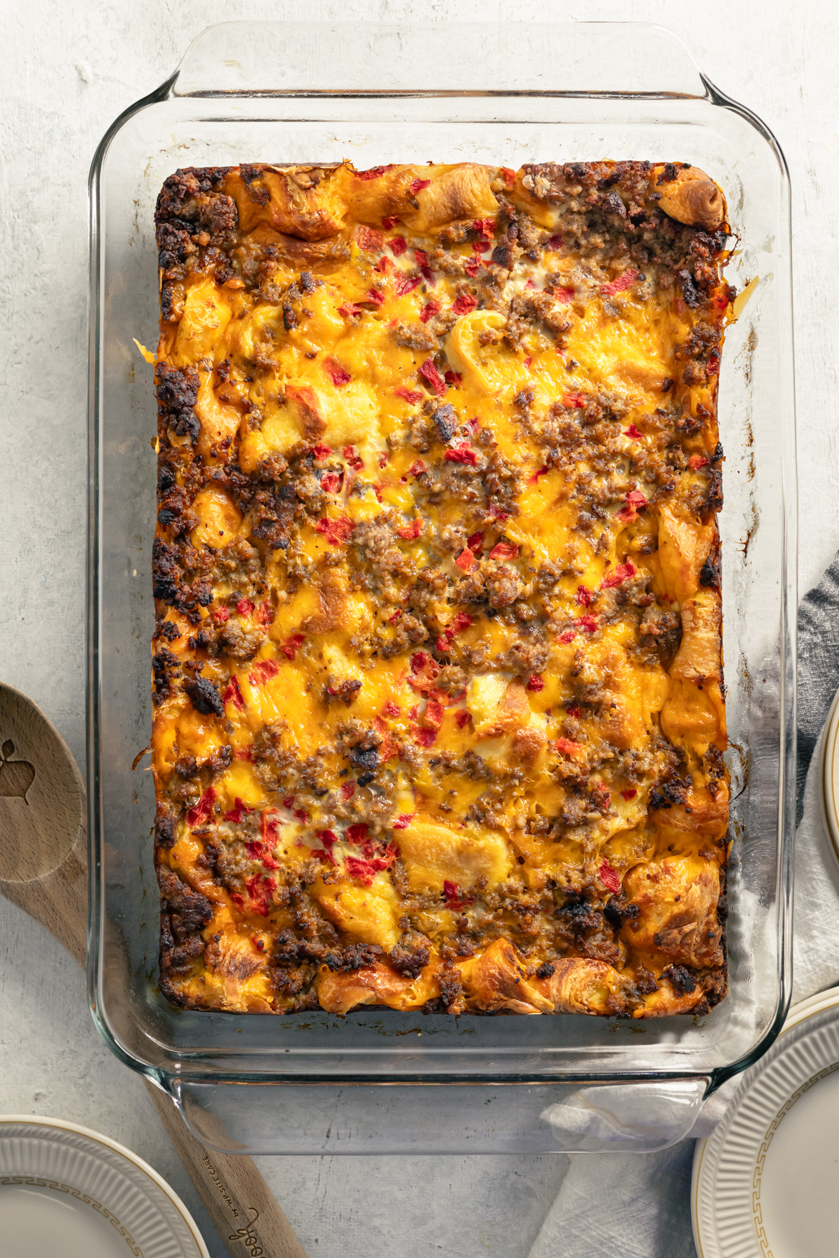 croissant pimento and sausage breakfast casserole after cooking in the oven.