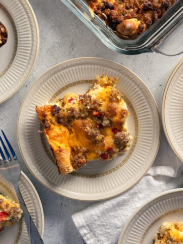 small plates of Flaky Croissant Breakfast Casserole with Sausage and Pimentos