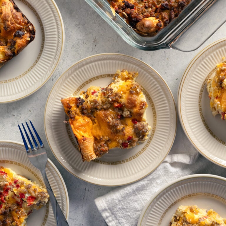 small plates of Flaky Croissant Breakfast Casserole with Sausage and Pimentos