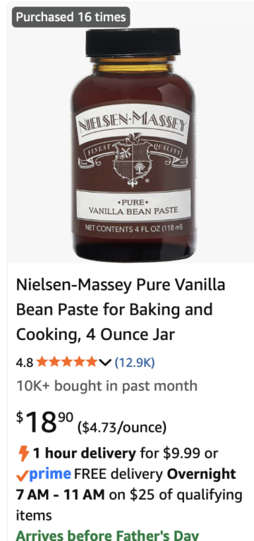A jar of Nielsen-Massey Pure Vanilla Bean Paste for baking, perfect for recipes like 5 minute marshmallow fluff fruit dip. The 4 oz jar is $18.90 on Amazon, rated 4.8 stars from 12.9K reviews, with free Prime delivery available.